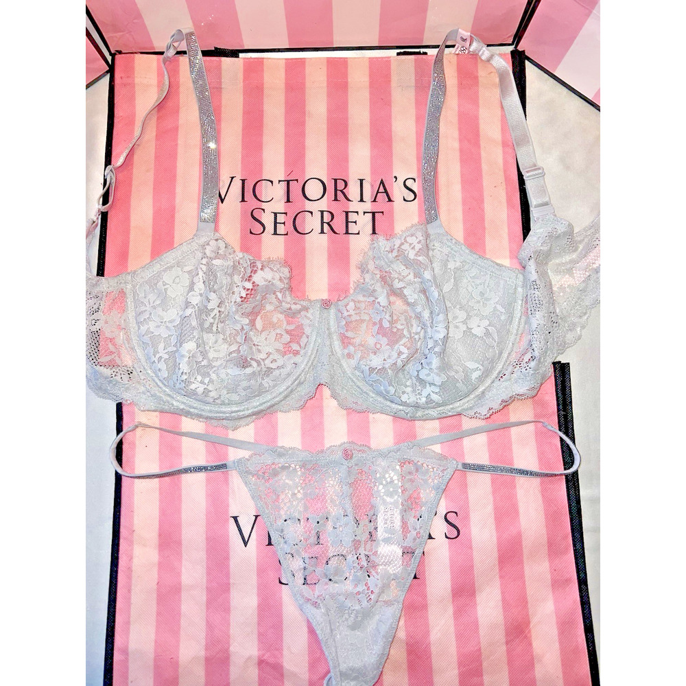 Victoria's Secret Shine Strap Bra Dream Angels 38DDD XL Thong Gray